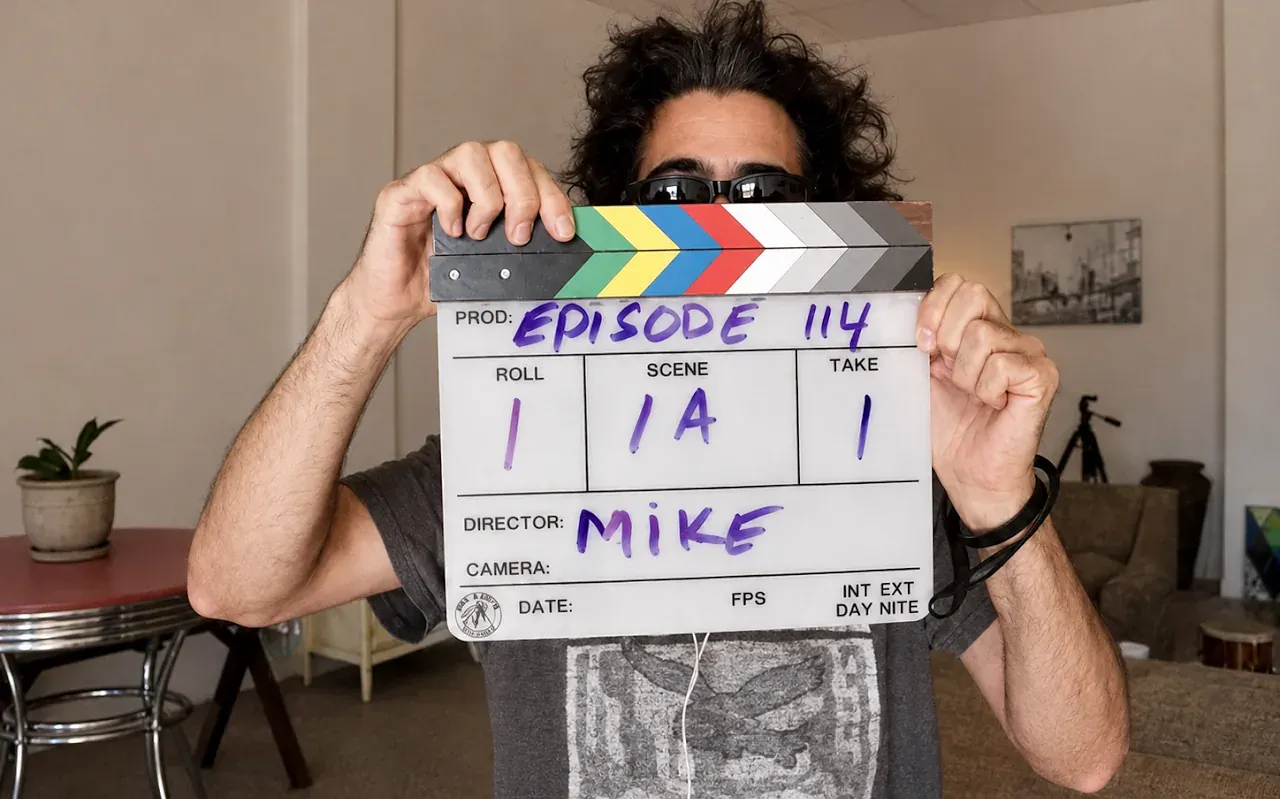 The director holds a slate for Episode 114, Scene 1A, Take 1 in the house studio